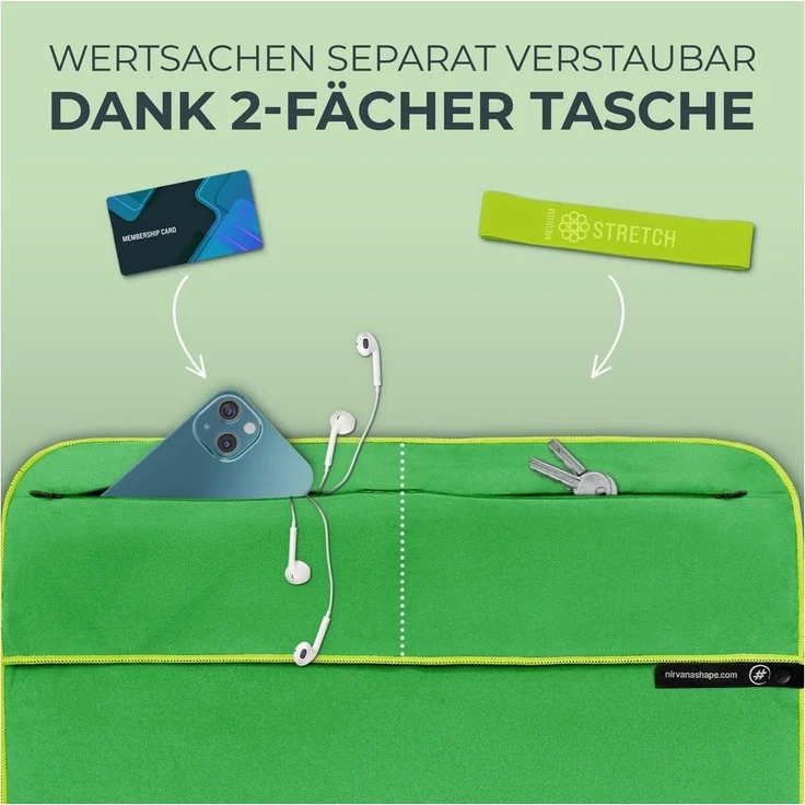 NirvanaShape Sporthandtuch Fitness-Handtuch mit Magnet-Clip, Mikrofaser Sporthandtuch, Microfaser, 2x Reißverschlusstaschen & Funktionaler Geräteüberzug, Ultra-Saugfähig – Bild 2
