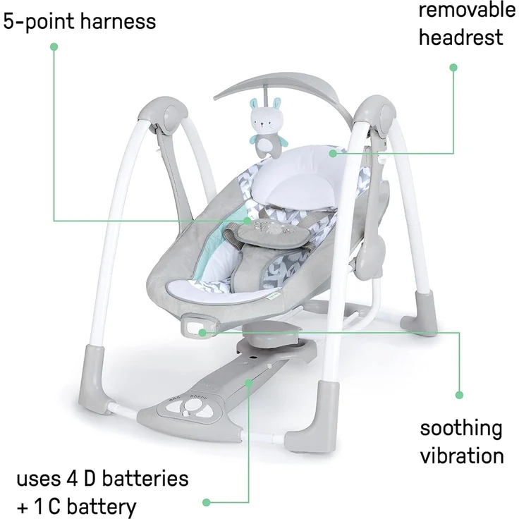 Ingenuity, Raylan 2 in 1 zusammenklappbare Babschaukel und -sitz, mit Vibrationen, automatischem Schaukeln und Melodien, Grau, 1 Stück (1er Pack) – Bild 2