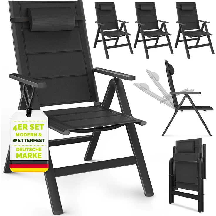 tillvex Gartenstuhl mit Polster Premium 4 Stück Schwarz klappbar aus Aluminium | Hochlehner mit Armlehnen | Klappstuhl verstellbar | Klappsessel Balkon Garten Terrasse – Bild 1