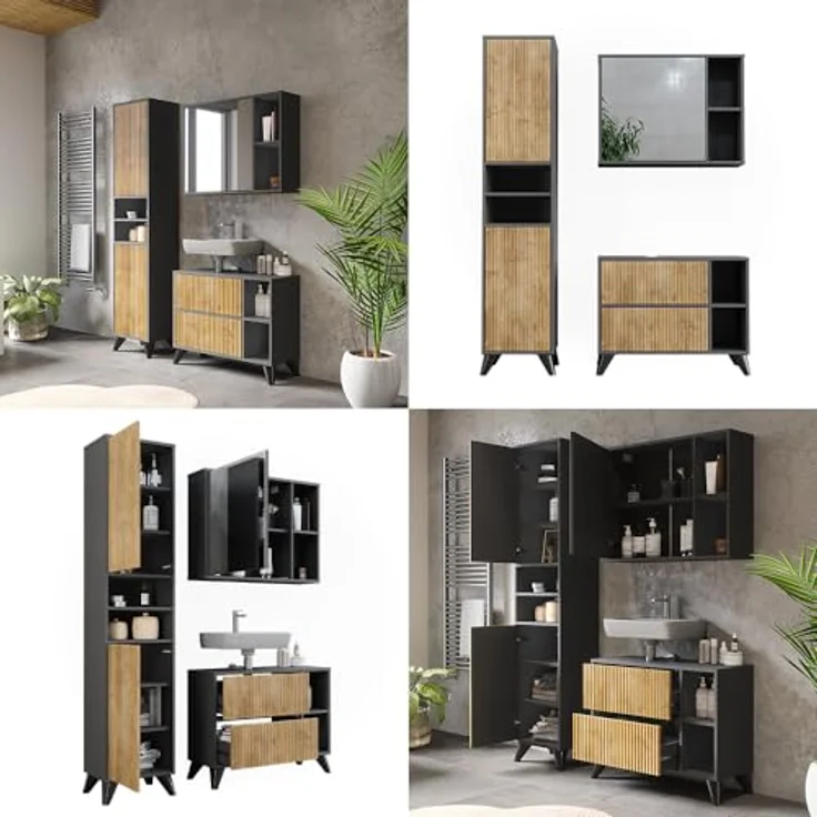 Vichy Badmöbel-Set Leano, 3-teilig, Anthrazit/Bergeiche, mit Waschbeckenunterschrank und Spiegelschrank, 80 cm – Bild 8