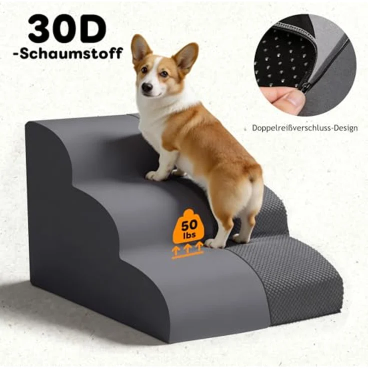 HEVOL Hundetreppe mit 3 Stufen – Hochwertige Schwamm-Hundetreppe für kleine Hunde, tragbare Haustiertreppe und Katzentreppe mit waschbarem Bezug für Sofa und Bett. Inklusive 1 Fusselrolle – Bild 5