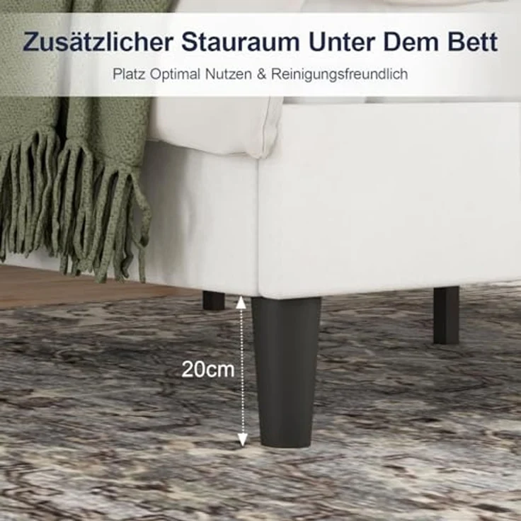 VECELO Polsterbett 140 x 200 cm Doppelbett, Höhenverstellbarem Kopfteil, Massivem Holzlattenrost, Samtstoff und Einfache Montage, für Schlafzimmer und Gästezimmer, Weiß – Bild 6