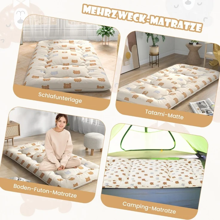 90 x 200 cm Japanische Futon Matratze mit Waschbarem Bezug & Tragetasche Tatami-Matte Braunbär – Bild 3