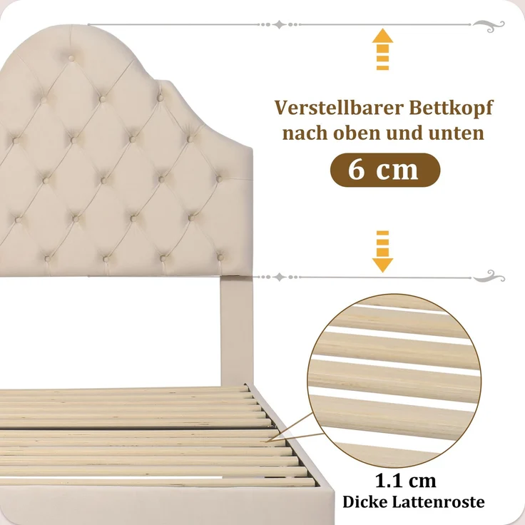 EINHOM Polsterbett 90 x 200 cm mit Lattenrost und Kopfteil, Polsterbett mit Höhenverstellbares Kopfteil, Jugendbett, Einzelbett, Holzlattenunterstützung, Einfache Montage, Samt, Beige, (Ohne Matratze) – Bild 6