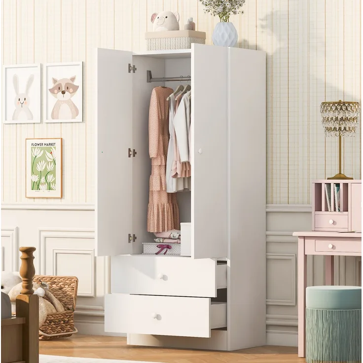 Kleiderschrank 70 x 40 x 170 cm in Rosa und Weiß mit Hängebereich und zwei Schubladen