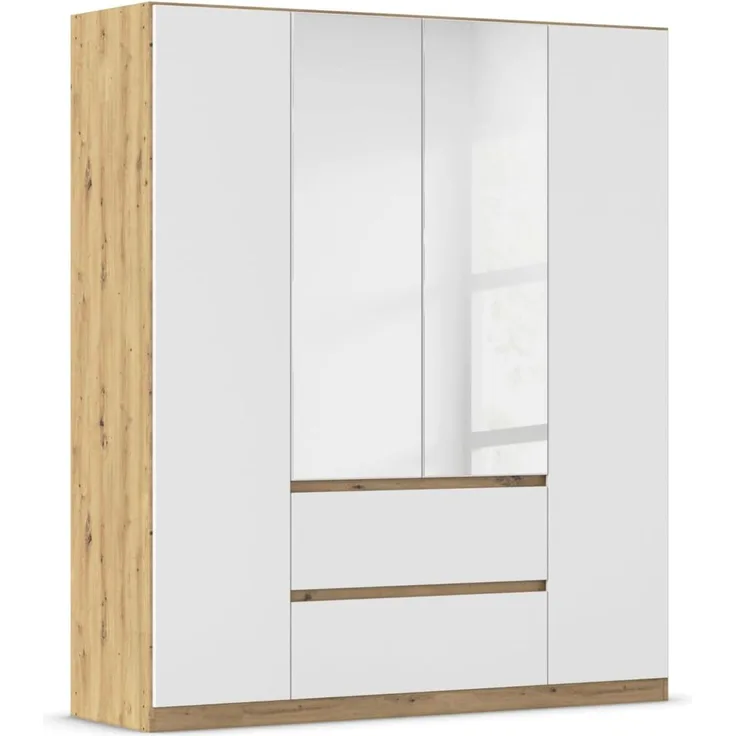 Rauch Möbel Mainz Schrank Kleiderschrank Drehtürenschrank Weiß / Eiche Artisan 4-türig mit Spiegel, 2 Schubladen inkl. Zubehörpaket Basic 3 Einlegeböden, 3 Kleiderstangen, grifflos BxHxT 181 x 210 x 54 cm