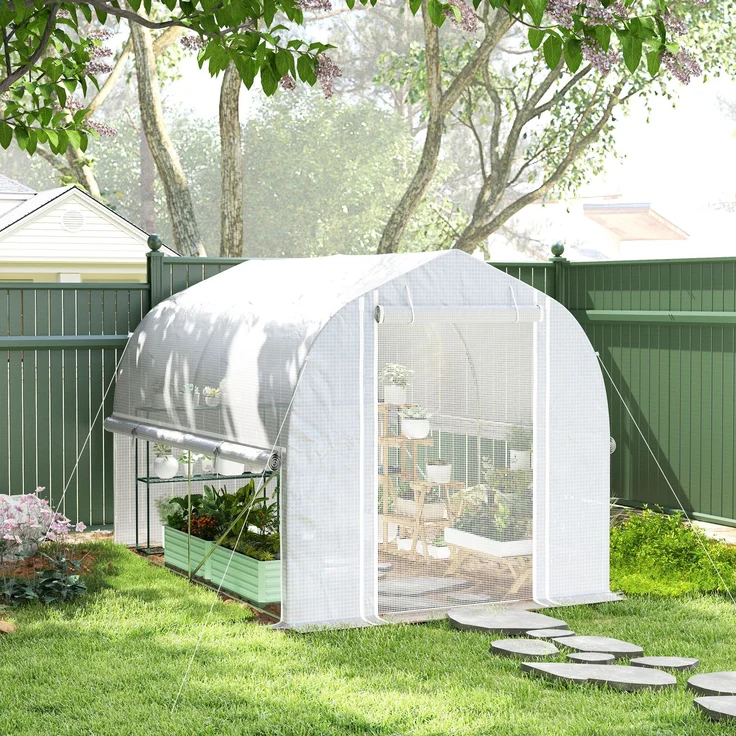 3 x 2 x 2 m Polytunnel-Gewächshaus mit aufrollbaren Seitenwänden, UV-beständiger Kunststoff-Plane und Stahlrahmen, Weiß--Weiß--200x200x300cm--CHENHAONING – Bild 3