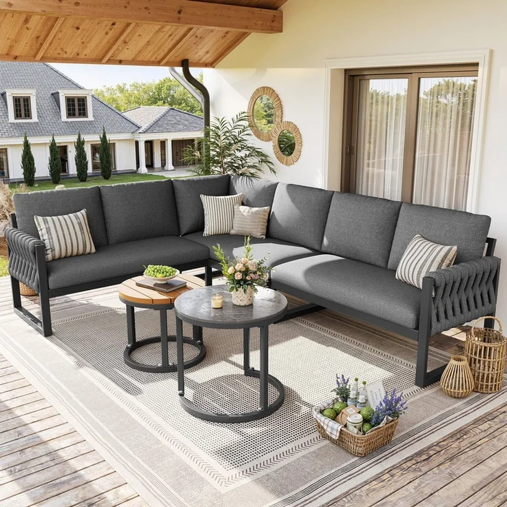 Merax Gartenlounge-Set L-förmiges Gartensofa-Set aus Eisen, (Gartenlounge Set mit verstellbaren Beinen & abnehmbaren Kissen, 5-tlg), 6-Sitzer Gartenmöbel Sitzgruppe mit Couchtische, 2-Sitzer-Sofa,Ecksofa – Bild 1