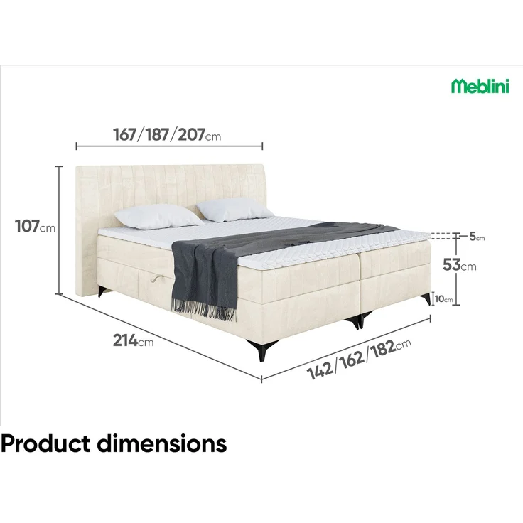 MEBLINI Boxspringbett NANI 180x200cm - H3P/Creme Samt - mit Bettkasten - Polsterbett - Doppelbett mit Topper & Taschenfederkern-Matratze – Bild 7