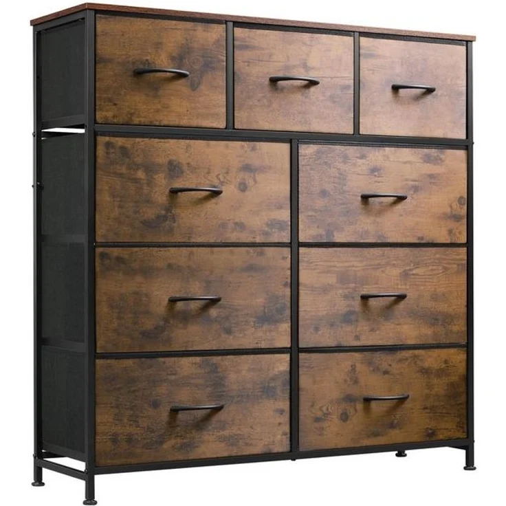 WLIVE Kommode kleiderschrank, 9 Schubladen mit Griffen, (Stauraumschrank Kommode mit Stoffschubladen), Modernes Sideboard, 100 × 30 × 102 cm, Vintagebraun-Schwarz – Bild 4