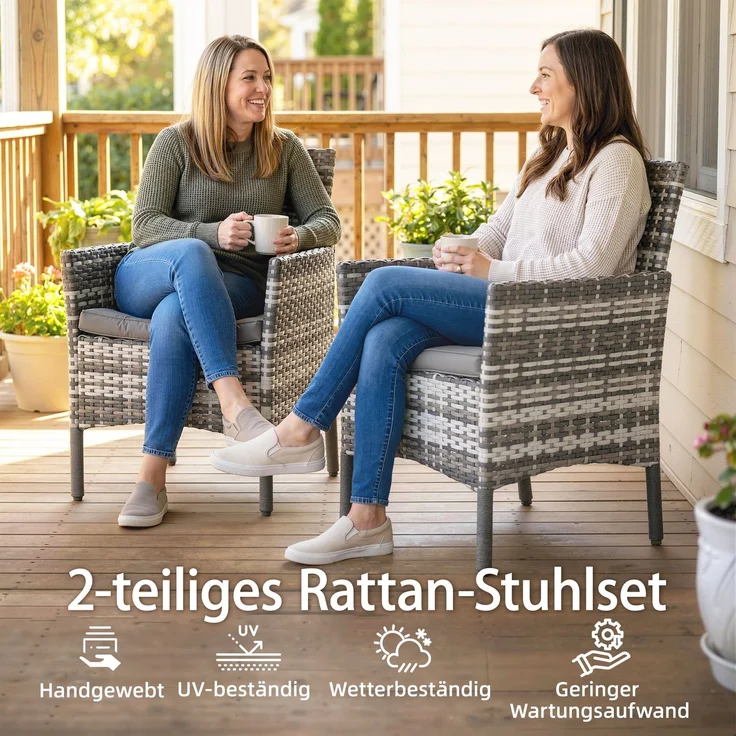 MELAYR, 2er Set Gartenstuhl Polyrattan Gartenmöbel mit 2 Sessel Abnehmbaren Kissen Stahlrahmen Grau, 62 x 58 x 87 cm – Bild 6
