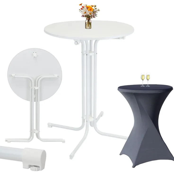 Set Stehtisch klappbar Ø 80 cm in Weiß & Husse Anthrazit bügelfrei für Gastrotisch Bistrotisch