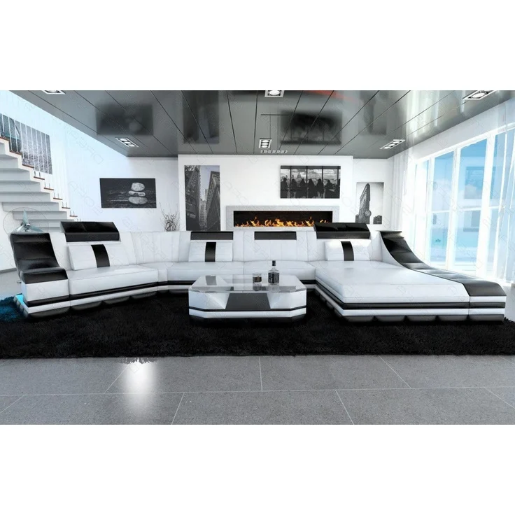 Mini Luxus Wohnlandschaft Turino C-Form mit LED - Echtleder - Weiß-Schwarz - Rechts – Bild 5