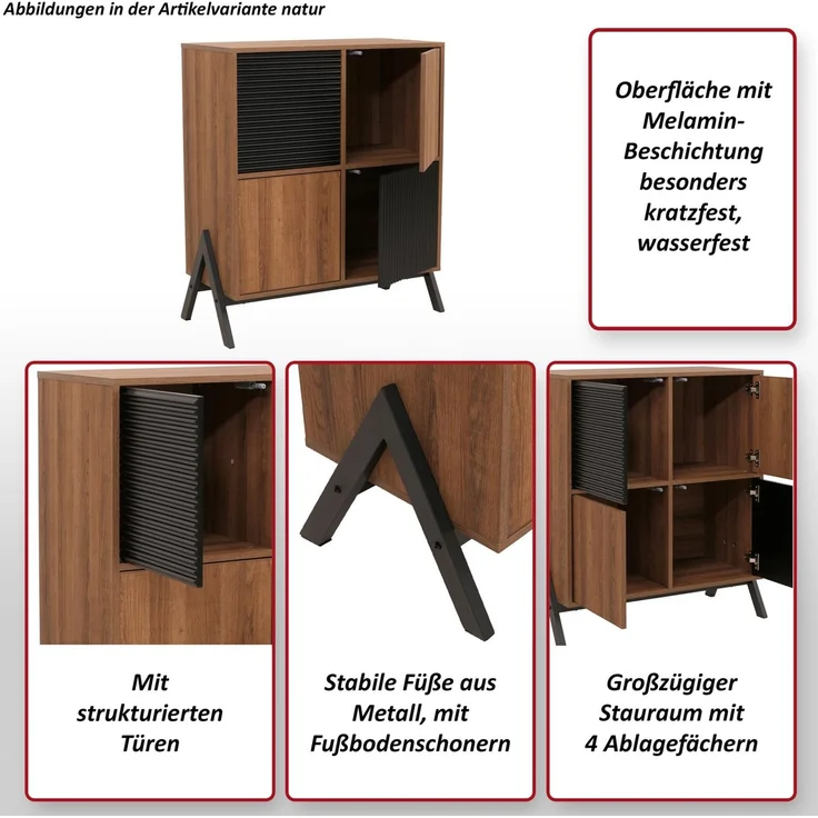 Kommode HWC-O40, Schrank Sideboard Highboard mit Türen Staufächer, MDF Metall Melamin 94x79x40cm ~ natur – Bild 2