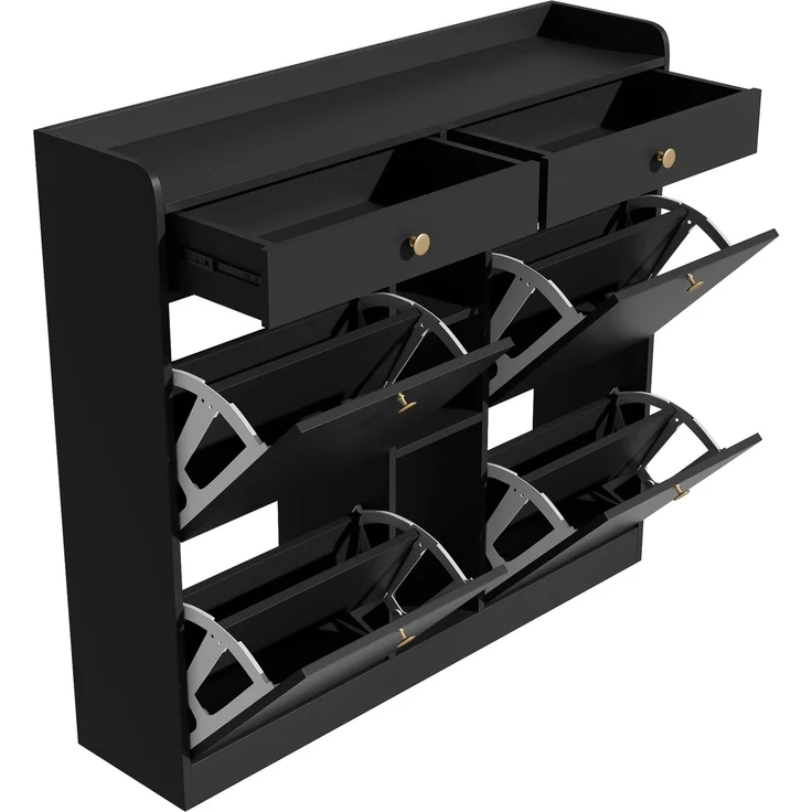 ZUBALIYA Schuhschrank (110 x 26 x 100 cm), 4 Klappfächer und 2 Schubladen, Offener Stauraum, Stauraum für Flur und Eingangsbereich, Schwarz – Bild 12