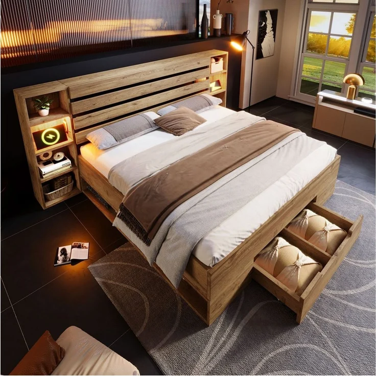 HAUSS SPOLE Holzbett 180×200 mit LED-Beleuchtung und USB C Stauraum-Kopfteil und Schubladen (Struraumbett, Doppelbett Funktionsbett, 180×200cm, ohne Matratze), Stauraumbett Bettanlage mit LED-Beleuchtung und USB/Type C – Bild 2