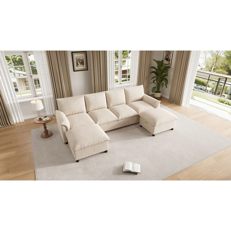 ZUBALIYA Modulare Wohnlandschaft, mit Stauraum, modular kombinierbar, mit Hocker, H 84 × T 142.5 × B 264.5 cm, Beige, Chenille – Bild 18