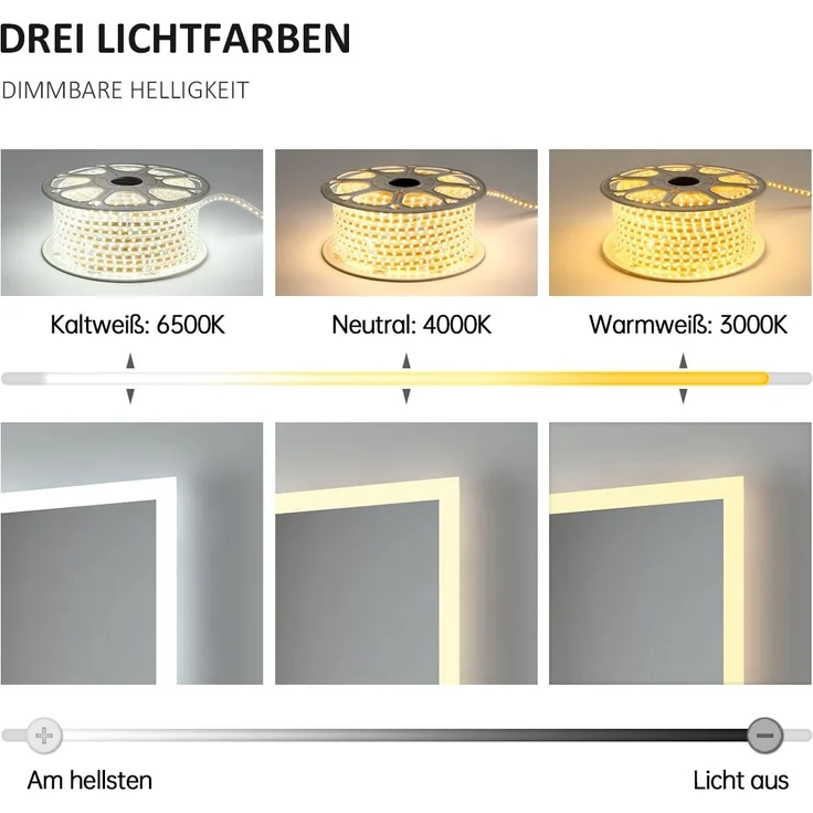 EMKE LED Badspiegel 100x60cm Uhr 3 Lichtfarben Dimmbar 3-fache Vergrößerung – Bild 3