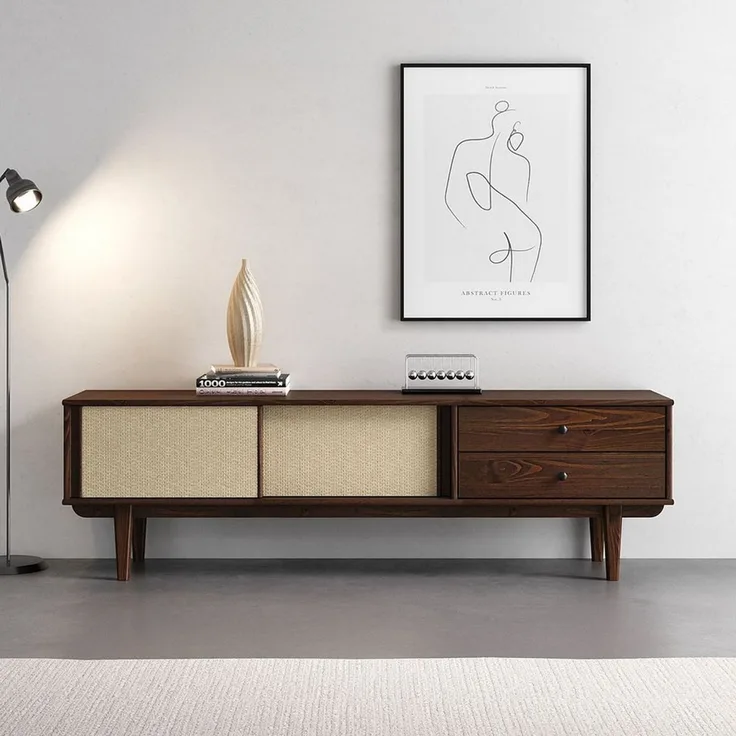 IDIMEX Lowboard SIMONA, TV Schrank 175 cm Massivholz Rattan Schiebetür Nussbaum Finish