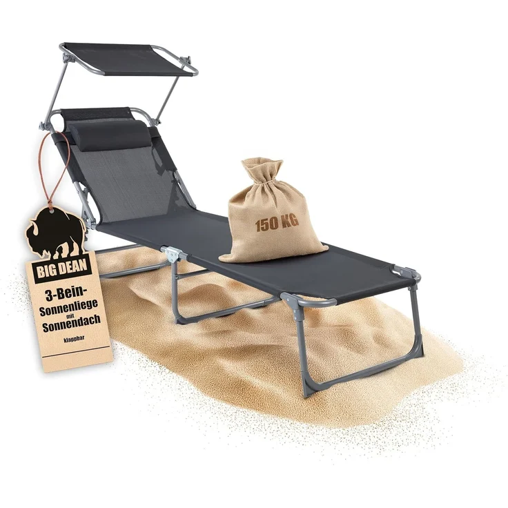 BigDean Sonnenliege klappbar mit Kopfkissen & Dach extra hoch dunkelgrau 150 kg belastbar - hochwertige Gartenliege für Balkon, Garten & Strand – Bild 1