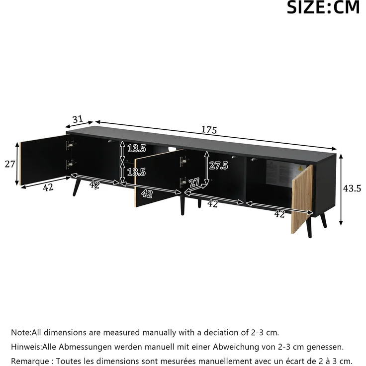 Merax 175cm LED-TV-Schrank für das Wohnzimmer, Naturholzfarbe + Schwarz, lowboard mit 6 Stützbeinen, Schrank aus gehärtetem Glas, 3 Schränke für viel Stauraum, Geeignet für 75-Zoll – Bild 4