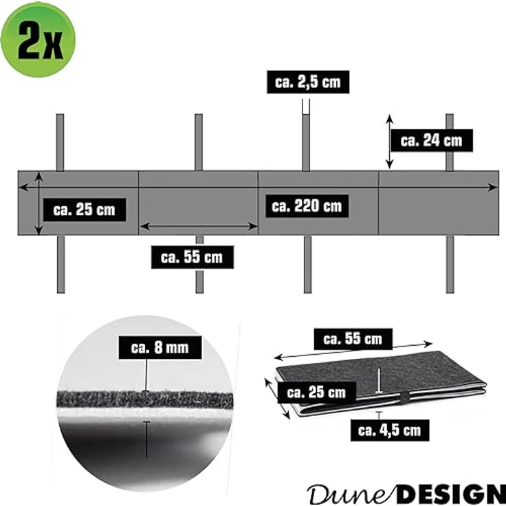 Dunedesign Bierbankauflage, Grau, 2-in-1 Filzpolster mit 4 rutschfesten Gurten, 220x25x0,8 cm, Outdoor-Kissen für Gartentisch und Bierzelt – Bild 6