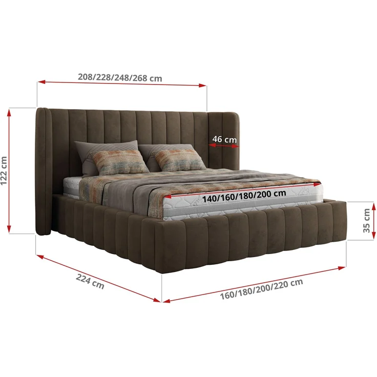 Polsterbett GOLETTA CLASSIC 140 x 200 cm mit gepolstertem Kopfteil, stabilem Bettrahmen, Lattenrost und Bettkasten mit Gasdruckfedern, Doppelbett, zeitloses Design - Braun Velvet – Bild 6