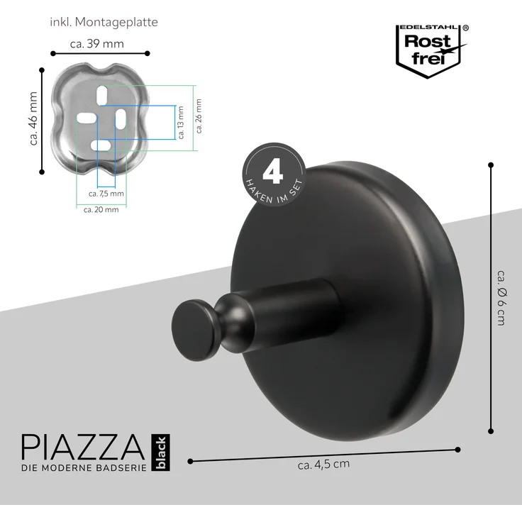 Bad-Serie PIAZZA BLACK – Handtuchhaken 4er Set inkl. Klebeset, aus Edelstahl matt schwarz – Bild 7