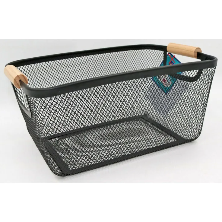 6x Drahtkorb mit Holzgriff schwarz ca 33x21x15cm Aufbewahrungskorb Metallkorb Dekokorb im Industriedesign für Küche Bad oder Wohnraum