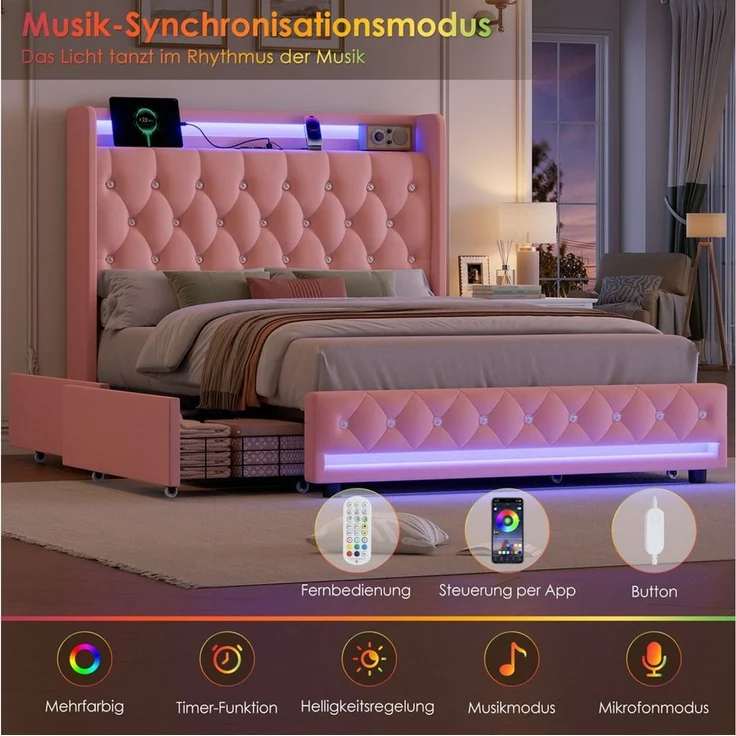 Homfa Polsterbett Doppelbett 140x200 Stauraumbett, mit Ladefunktion und 4 Schubladen, LED-Beleuchtung, Samt Rosa – Bild 3