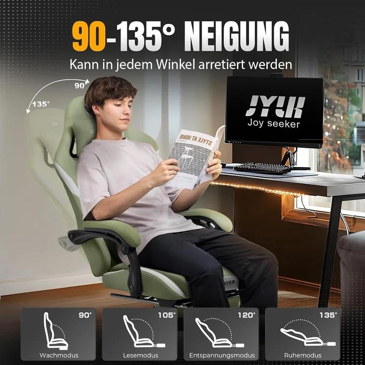 GTPLAYER Gaming-Stuhl Ergonomischer Gaming Sessel Schreibtischstuhl Gamer Stuhl aus Stoff, Federsitzkissen mit Fußstütze – Bild 5