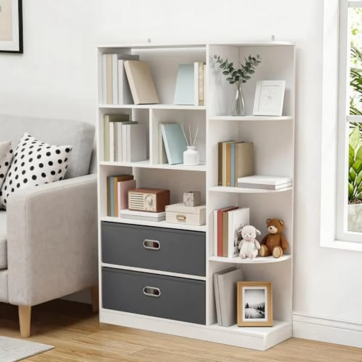 YITAHOME Freistehendes Bücherregal, Regal mit 8 offenen Regalböden und 2 Stoffschubladen, Beistellschrank für Wohnzimmer, Schlafzimmer, Büro, Weiß, 80 B × 24 T × 115 H cm – Bild 2