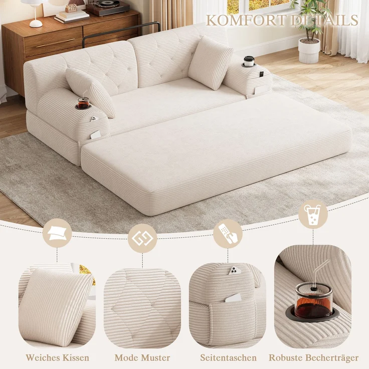 TavilaEcon 2-Sitzer Schlafsofa, komprimiertes Cord Sofa mit hoher Rückenlehne beige 81 × 80 × 168 cm (H × T × B) – Bild 8