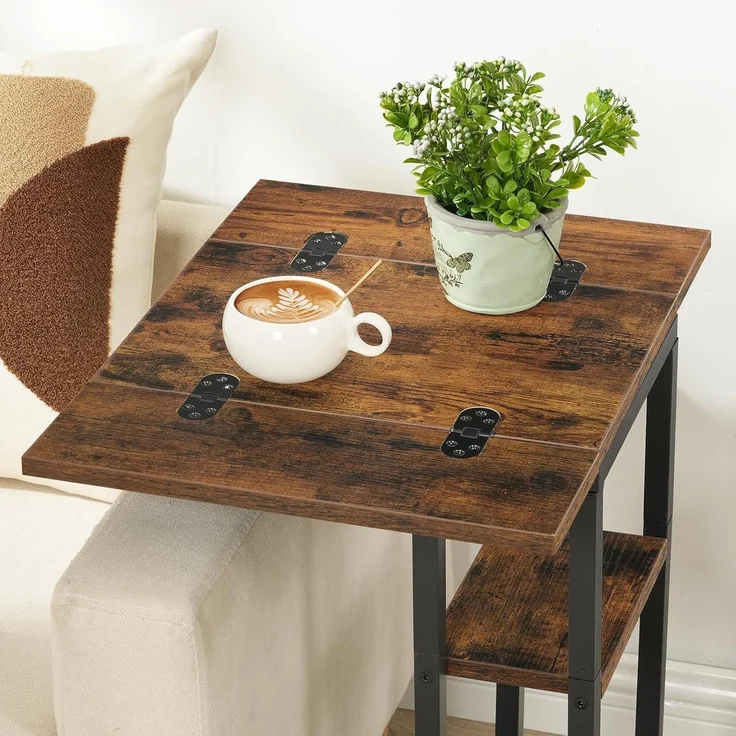 HOOBRO C-Form Beistelltisch Klappbarer Sofatisch mit Lagerregal Dunkelbraun – Bild 8