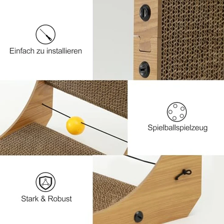 FUKUMARU Kratzbrett Katzen, 48 cm hohe L förmige Kratzpappe, widerstandsfähig Katzenkratzbrett mit Ballspielzeug, Katzen Kratzmöbel aus hochwertiger Karton für Wand und Ecke, Mittlere Größe – Bild 5
