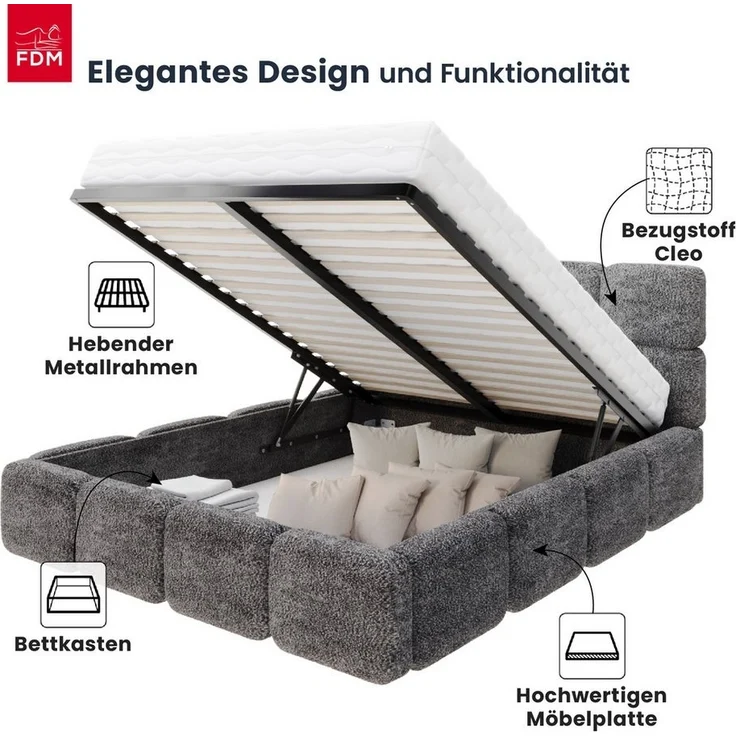 FDM Polsterbett CLOUDY Bettgestell Bett 140x200, 160x200, 180x200 cm Bestseller (verfügbar 140x200 160x200 180x200cm, Bettrahmen, Bett, mit großen gepolsterten Kopfteil, mit Bettkasten zum aufklappen), Hebbarer Metallrahmen, Bettkasten, ohne Matratze – Bild 2