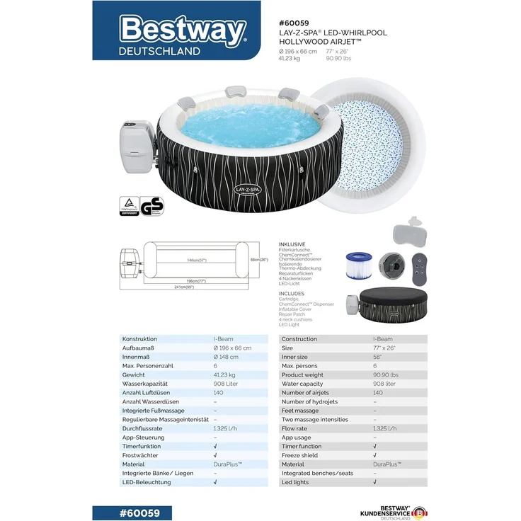 Bestway 'Lay-Z-Spa Hollywood AirJet Ø 196x66 cm', Whirlpool, aufblasbar – Bild 12