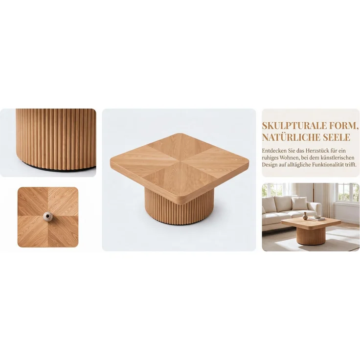 EINHOM 78 cm Holzcouchtisch mit Rillen-Zylinderbasis, Abgerundet-Quadratischer Dicker Tischplatte, Moderner Landhaus-Tisch, Einzeln oder 2-Teilig Kombinierbar, Einfache Montage, Naturholz – Bild 6