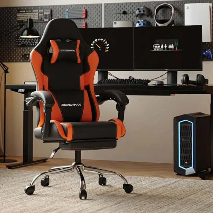 Dowinx Gaming Stuhl, Ergonomischer Gamer Stuhl für Büro und Home Office, Verstellbarer Bürostuhl mit Rückenlehne bis 150°, mit Fußstütze, Belastbar bis 180 kg, Rot – Bild 2