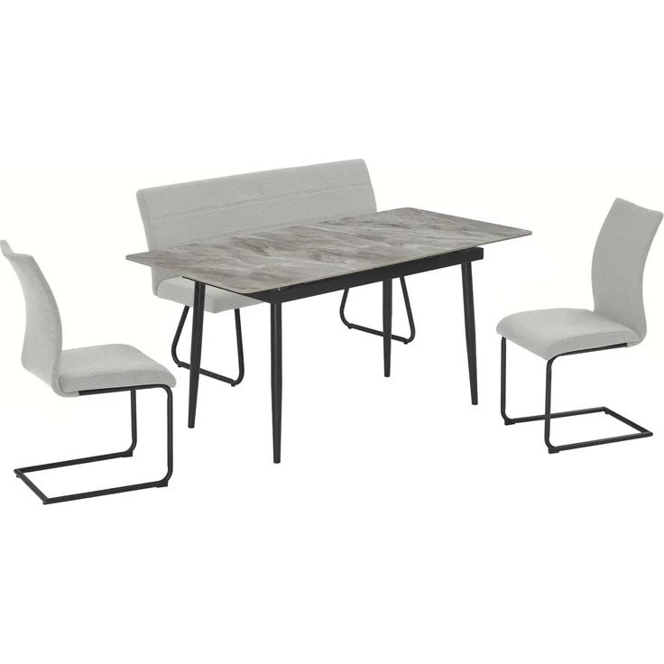 OTTO home Essgruppe Stevian, (Set, 4-tlg, Ausziehbarer Esstisch + Bank + 2 Stühle), Holz, Strukturstoffbezug, Freischwingerstühle, gesteppten Bänken