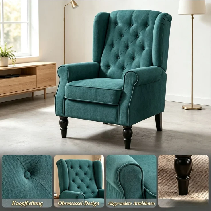 DESVIAE Sessel Dunkelgrün aus Polyester – 74x102x86 cm – Eukalyptusholzbeine, Ohren-Design, Kapitonierung – Bild 3