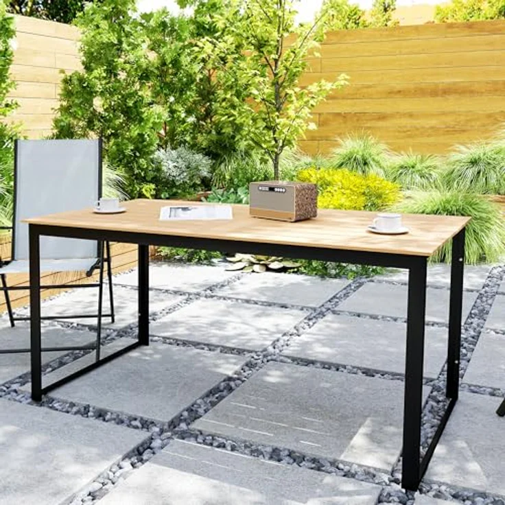 Outsunny Gartentisch, Teakfarbe mit Lamellen-Tischplatte, 80x75x160 cm, für 6 Personen, pulverbeschichtet, wetterfest – Bild 9