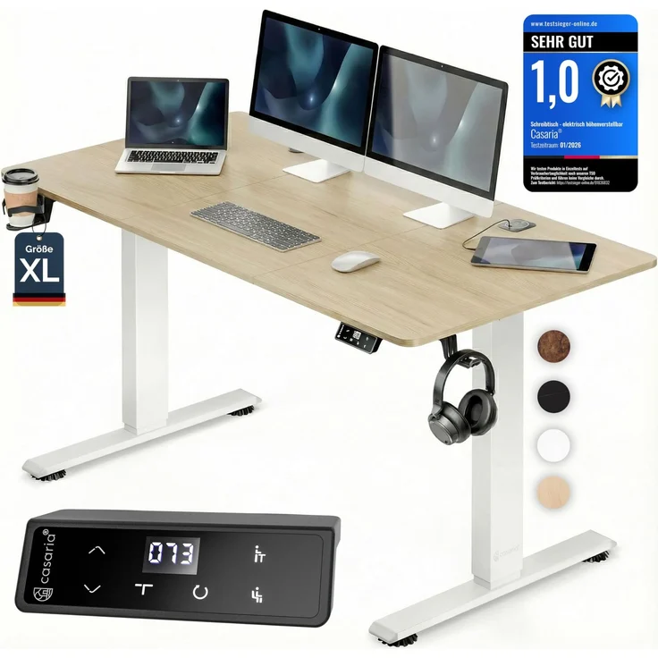 Casaria® Höhenverstellbarer Schreibtisch elektrisch 160x70 cm mit Wireless Charger & USB-C/A Anschluss LCD-Display Memory-Funktion 80 kg belastbar ergonomisch Beige