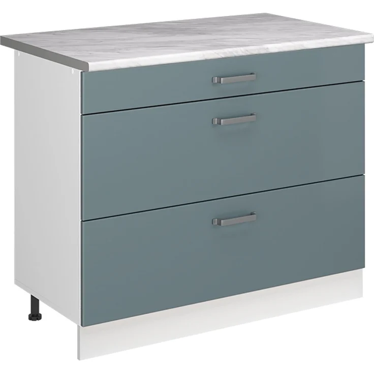 Küchenunterschrank R-Line Blau-Grau/Weiß 100 cm Arbeitsplatte Marmor Vicco – Bild 1