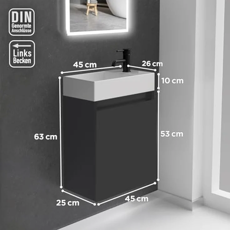 Alpenberger Badmöbel-Set Gäste WC Waschbecken mit Unterschrank - Badschrank Hängend, (2-tlg. Waschtisch Set Schwarz Matt, Waschbeckenunterschrank mit Softclose), Waschplätze für Kleine Bäder - Badschrank Hängend und Vormontiert – Bild 7