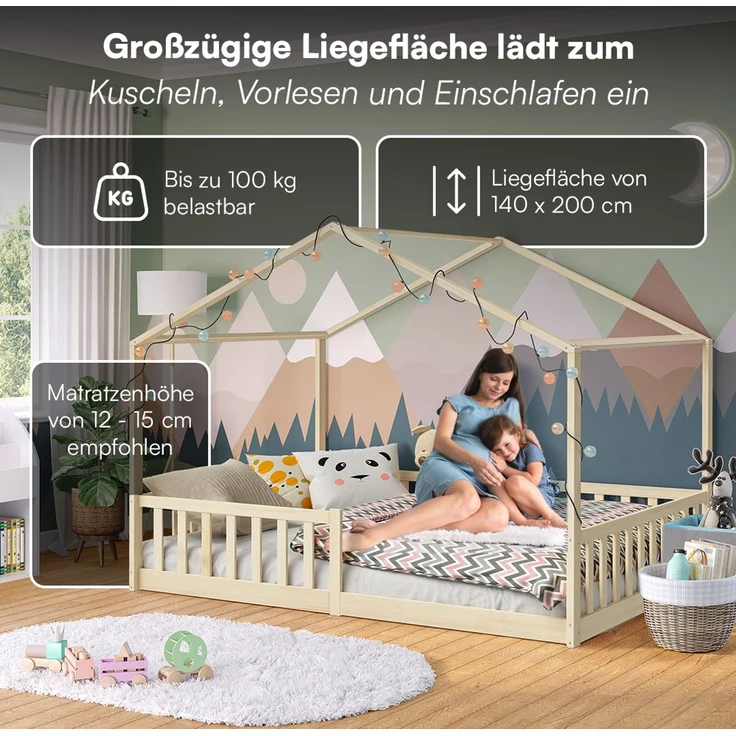 Bellabino 'Bia' Hausbett 140x200 cm, natur, Kiefer Massivholz, Bodenbett in Hausoptik, Montessori Kinderbett mit Rausfallschutz und Lattenrost – Bild 6