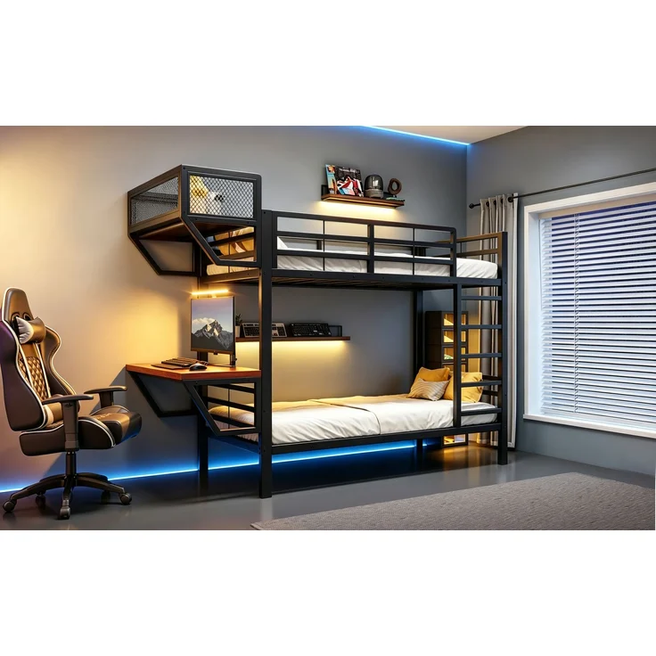ZUBALIYA Metall-Etagenbett (90 x 200 cm) mit Schreibtisch und Ablagefächern, Lattenrost, platzsparendes Hochbett für Kinder, Jugendliche und Erwachsene, Schwarz – Bild 9