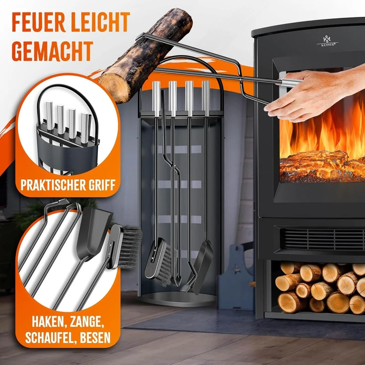 KESSER® Kaminzubehör 5-teiliges Kaminbesteck Set – Modern Design, beschichtet, Hochwertige Kamingarnitur aus 5 Teilen: Besen, Schaufel, Schürhaken, Zange, Ständer mit Sichtschutz Edelstahl Anthrazit – Bild 3