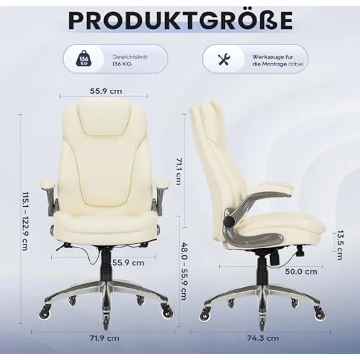 COLAMY Chefsessel aus Atmungsaktivem Leder – Ergonomischer Bürostuhl, Schreibtischstuhl，Bürostuhl Ergonomisch, Flip-up-Armlehnen& Leisen Rollen für Homeoffice und Büro, Elfenbein – Bild 3