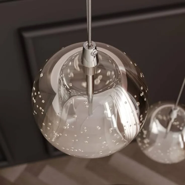 Lucande LED-Pendellampe Hayley, 3-flg. mit kugelförmigen Glasschirmen, Ø 25 cm, chrom, Blasenglas – Bild 9